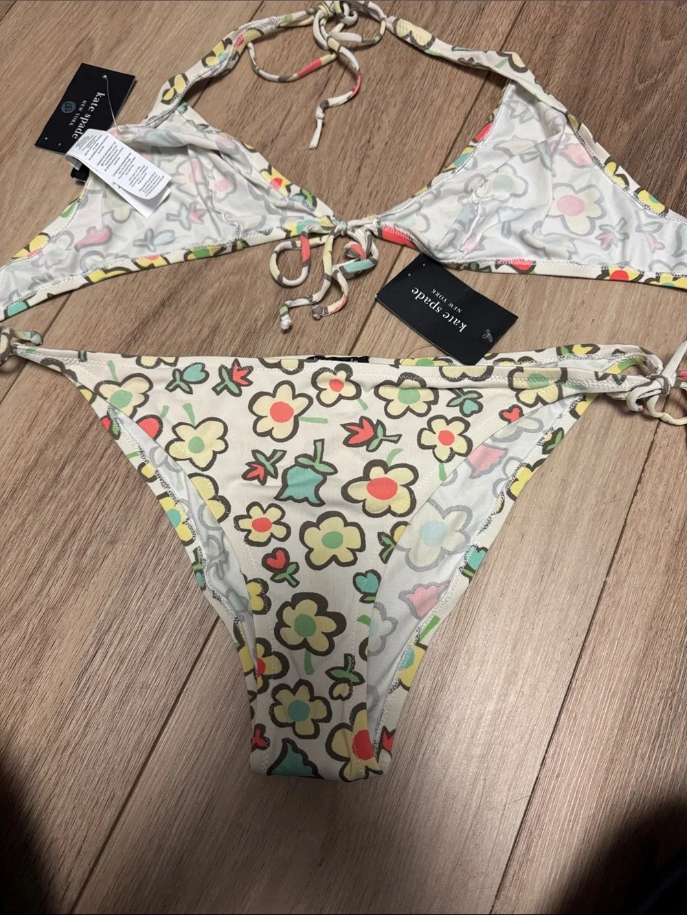 KATE SPADE NWT L cream Floral UNLINED NO PADDING NUDIST TYPE SEXY Bikini SET